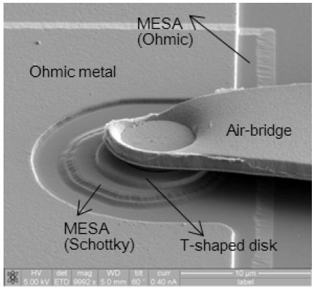 SEM photograph of the fabricated Schottky diode: close-up of the cathode area.