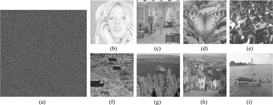 Results of the proposed image encryption: (a) the ciphertext, (b) decrypted “Girl”, (c) decrypted “Couple”, (d) decrypted “Butterfly”, (e) decrypted “Crowd”, (f) decrypted “Truck”, (g) decrypted “Lake”, (h) decrypted “Goldhill”, and (i) decrypted “Boat”.