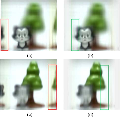 The cat images reconstructed at z=120 mm by using (a) CEIA, and (b) REIA; The tree images reconstructed at z=135 mm by using (c) CEIA, and (d) REIA.
