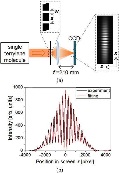 A collimated beam of photons from a single terrylene molecule is sent to a double-slit with a slit-width of w = 40 μm and a slit-separation of s = 500 μm. The interference pattern in the CCD screen is shown in the inset. (b) Interference intensity integrated along the z-axis (black), and a fitting function that assumes single exponential decay (red).