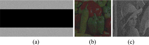 Robustness against occlusion. (a) one of the interferograms with 50% occlusion; (b) the recovered “Peppers” (NMSE=0.498); (c) the recovered “Lena” (NMSE=0.4165).