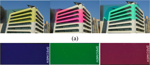 Photographic images of the filter devices Dev1, Dev2 and Dev3 from left to right in (a) transmission mode showing bright and distinct colors of yellow, magenta, and cyan; (b) reflection mode showing bright and distinct colors of blue, green, and red.