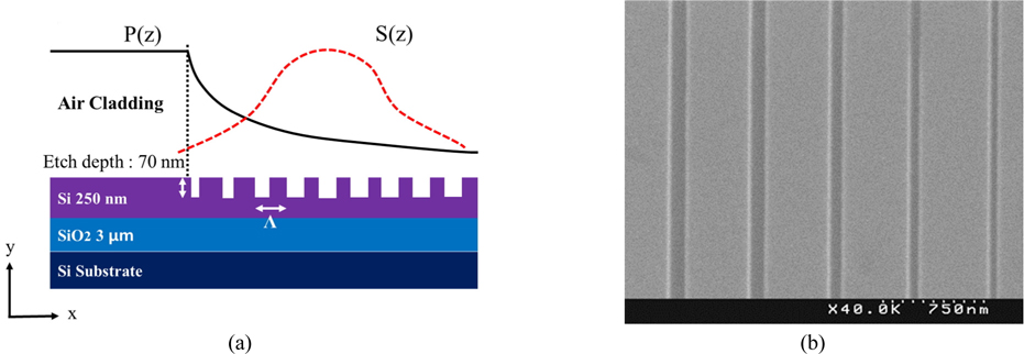 (a) Schematic diagram of a NGC with the internal power profile in the waveguide and a Gaussian fiber core mode profile. (b) SEM image of the fabricated NGC.