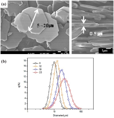 (a) SEM images of alumina plates (b) particle size distribution.