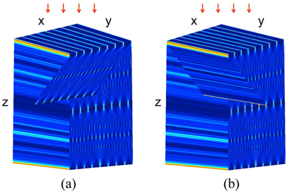 Talbot pattern behind a grating in space under coherent plane illumination from top: Traditional Talbot carpet is seen in x-z plane. The two diagonal cross-sections display (a) Talbot carpet, and (b) a pattern consisting of various pitches.