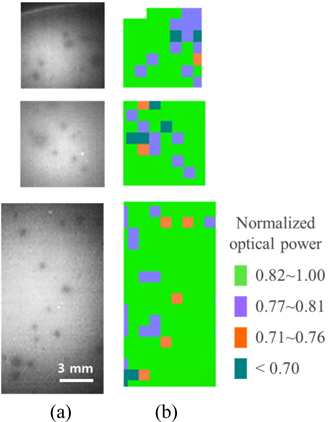 Photoluminescence (PL) imaging results (a) and optical power mapping obtained by chip probing after chip fabrication process (b) for selected areas of an LED wafer. The excitation power density for PL imaging was 50 mW/cm2.