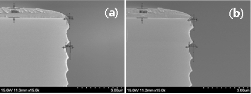 Sidewall profile under the photoresist mask. The collapse scallop was not occurred under the photoresist mask at wider than 10 μm pattern size: (a) 10 μm pattern size and (b) 20 μm pattern size.