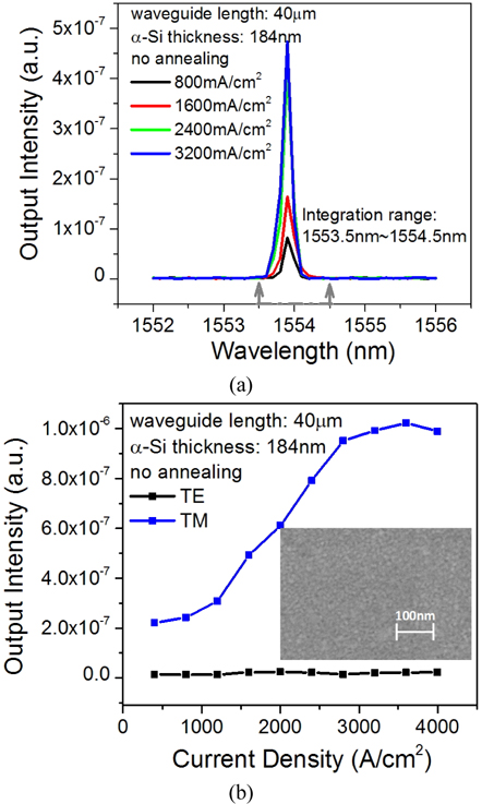 (a) The spectra measured by monochromator with integration window. The spike’s response under different current injection levels is illustrated. (b) The integrated output intensity plot versus the current density, measured on the device without anneal for different polarization modes. The top-view SEM image of the metal film surface morphology is shown as an inset.