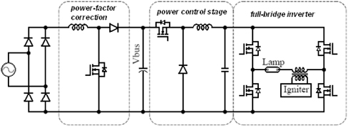 Traditional three-stage electronic ballast circuit diagram.