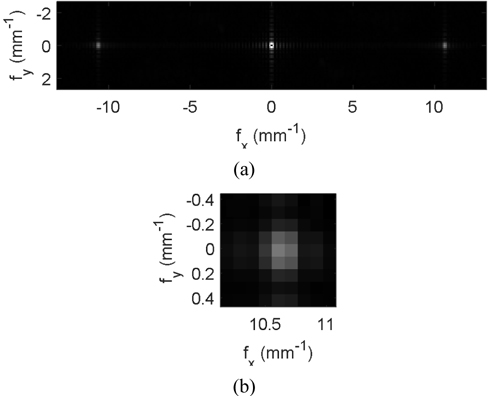 (a) The frequency spectrum calculated by the fast Fourier transform for the Talbot image shown in Fig. 2. (b) Magnified spectrum for the area shown in axes values.