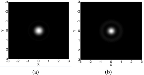 Radial intensity distributions of optical system with (b) and without (a) pupil filter.