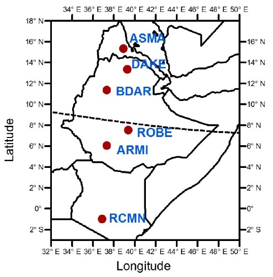 Locations of the GPS receivers used in this study. Dashed line is the magnetic equator.