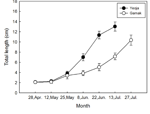 Variation in the total length of young sea bass Lateolabrax japonicus from Yeoja and Gamak bays between April and July, 2006. Circles and vertical bars indicate means and standard deviations.