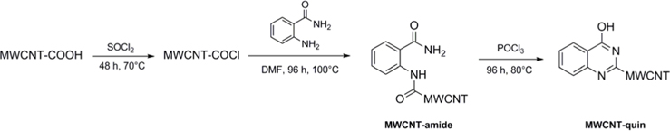 Reaction paths for introduction of 2-aminobenzamide groups on multi-walled carbon nanotubes (MWCNTs) and transformation of these groups to 4-hydroxyquinazoline groups. DMF, dimethylformamide.