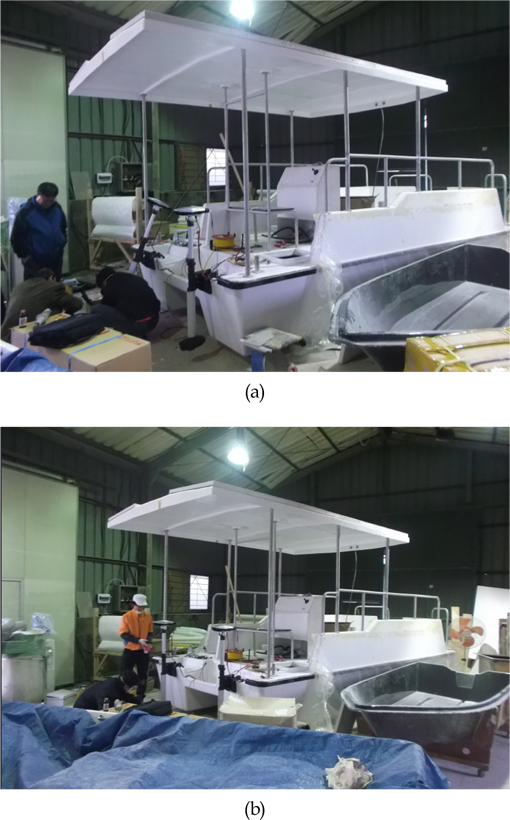 Image of main frame of leisure ship hull (a), Image of Internal components leisure ship hull in the process of the fabrication (b)