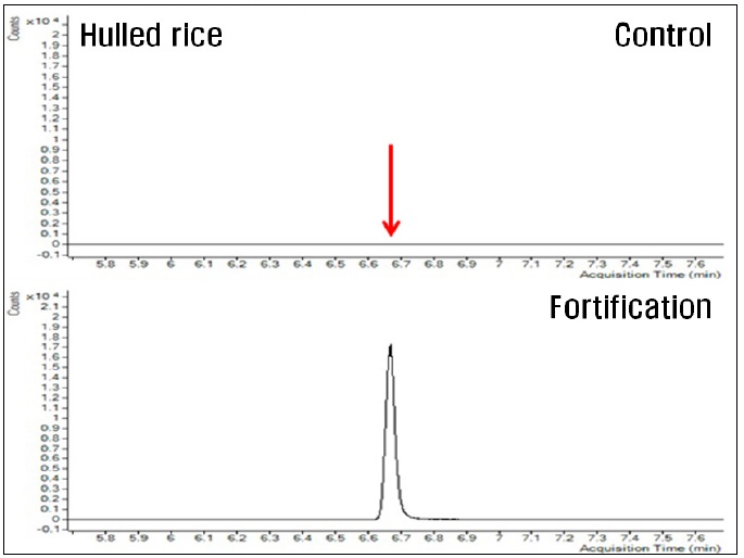 SIM chromatogram of hulled rice extract for the confirmation of fipronil, fortified at ten-fold of LOQ level.
