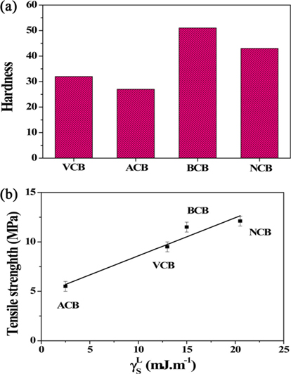 (a) Hardness of carbon black/rubber vulcanizates. (b) Dependence of tensile strength on the London dispersive component of surface free energy of carbon black/rubber vulcanizates. VCB, virgin carbon black; ACB, acid-treated carbon black; BCB, base-treated carbon black; NCB, neutral-treated carbon black.
