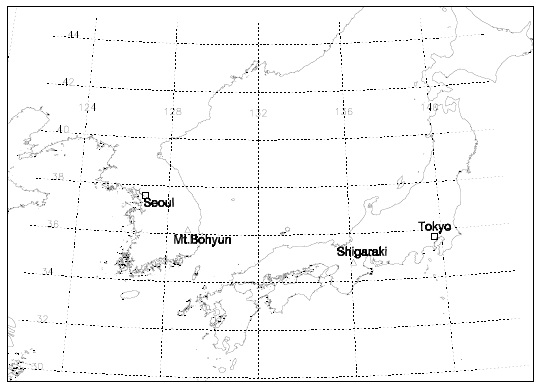 Locations of the Mt. Bohyun station (36.2° N, 128.9° E) in Korea and the Shigaraki station (34.9° N, 136.1° E) in Japan where all-sky cameras have been installed.