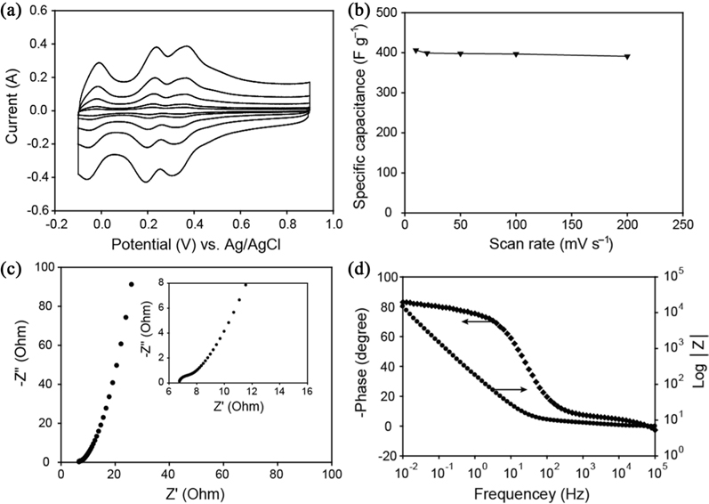 Electrochemical characterization of POM/PIL/G in 0.5 M H2SO4 electrolyte. (a) cyclic voltammetry curves at different scan rates. (b) Plot of specific capacitance versus scan rate. (d) Nyquist plot and (d) Bode plot in the frequency range of 100 kHz to 0.1 Hz. The inset shows the corresponding magnified high frequency region. POM/PIL/G, polyoxometalate-graphene nanohybrid with polymeric ionic liquid.