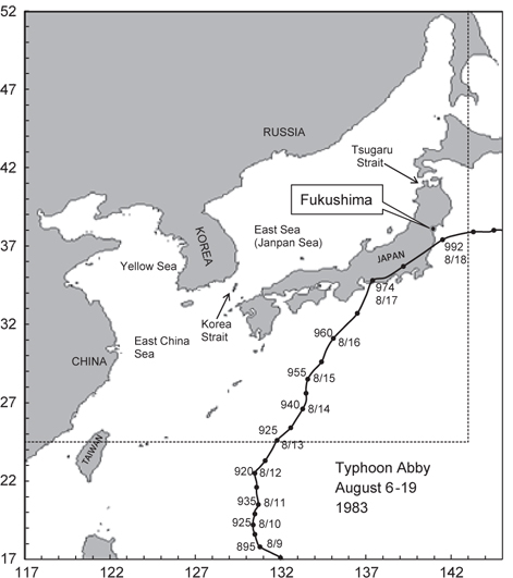 Map of the western North Pacif ic. A track of Typhoon Abby (1983), which passed through the south of Fukushima, is depicted by thick line with its center (solid circles), central pressure (hpa), and arrival time at 09:00 every day. The model domain is given by a rectangle, and dashed lines show the open boundaries.