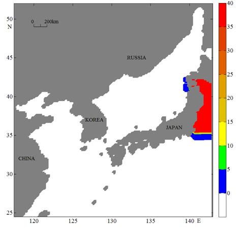 Initial distribution of contaminant (radioactivity). Unit is in Sv×10？6.