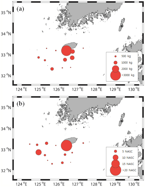 Geographical distribution of demersal fish biomass using bottom trawl (a) and acoustic method (b) in the Northern East China Sea in winter season, 2014.