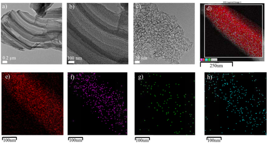 Transmission electron microscopy (TEM) image of ionic liquid carbon (ILC) with transition metals (a), (b), and (c) TEM images of ILC with transition metals, (d) energy dispersive X-ray compositional mapping of ILC with transition metals, (e) C mapping, (f) N mapping, (g) Fe mapping, and (h) Co mapping.