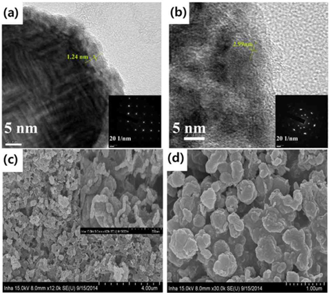 Transmission electron microscopy images of (a) MCM-48 and (b) NMK-1-0.2. Scanning electron microscope images of (c) NMK-1-0 and (d) NMK-1-0.2.