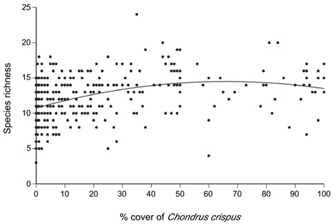 Quadratic relationship between the percent cover of Chondrus crispus and the species richness of the associated communities.
