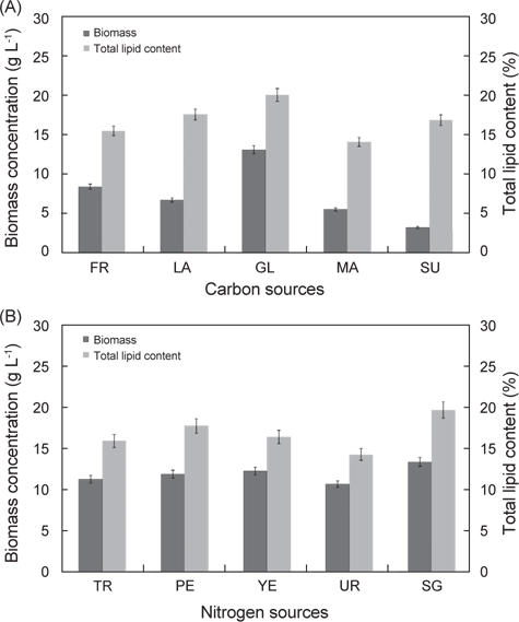 Biomass concentration and total lipid content of Euglena gracilis with various carbon and nitrogen sources. (A) FR: Fructose, LA: Lactose, GL: Glucose, MA: Maltose, SU: Sucrose. (B) TR: Tryptone, PE: Peptone, YE: Yeast extract, UR: Urea, SG: sodium glutamate.