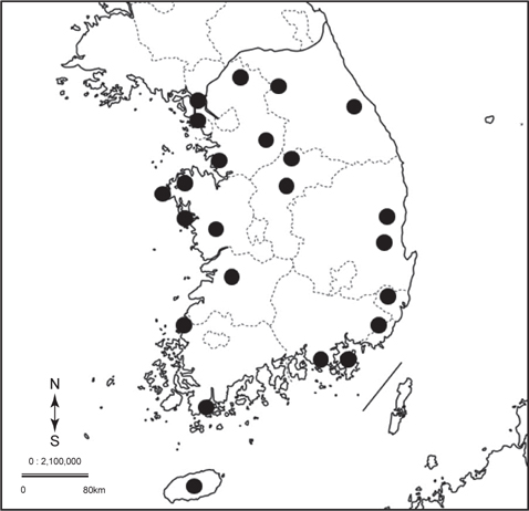 Distribution of sampling site on farmed marine and fresh-water fishes in Korea.
