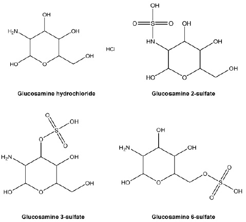 Chemical structures of glucosamine hydrochloride and the common forms of sulfated-glucosamine.