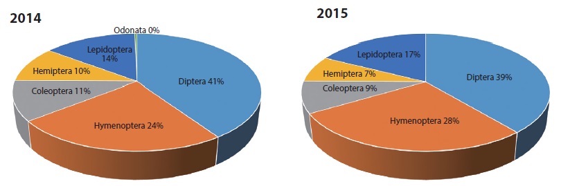 Occurrence of each orders of insects species in 2014 and 2015 (by percentage).