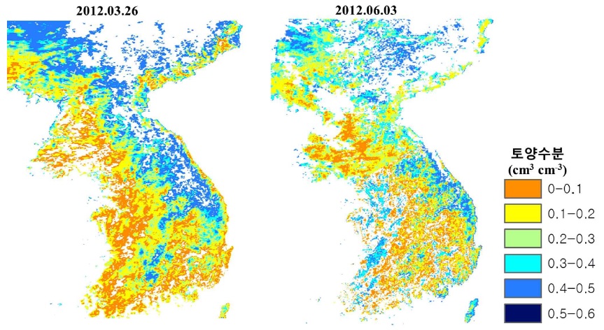 Spatially distributed root zone soil moisture across the country (March 26 2012 and June 3 2012).