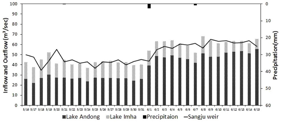 Temporal variations in daily precipitation (black bar), inflow of Sangju weir (solid line) and outflow of Lake Andong (black bar with white dots) and Lake Imha (gray dashed bar) over a 30-day period.