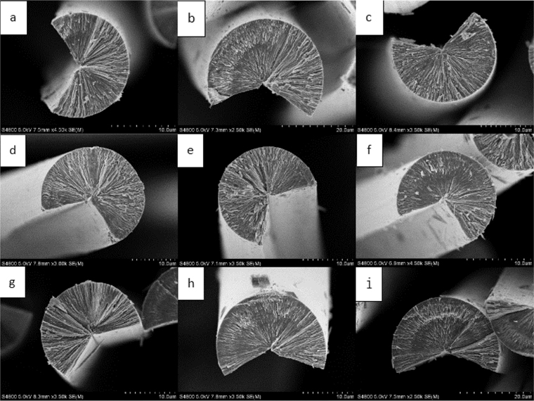 Scanning electron microscope photographs of transverse section of mesophase pitch carbon fiber from runs (a) #1, (b) #2, (c) #3, (d) #4, (e) #5, (f) #6, (g) #7, (h) #8, and (i) #9.