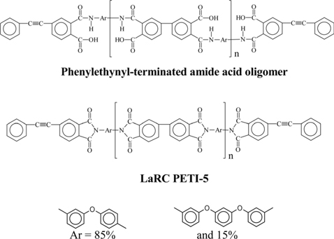 Chemical structures of phenylethylnyl-terminated amide acid oligomer and polymer, simply referred to as LaRC PETI-5.