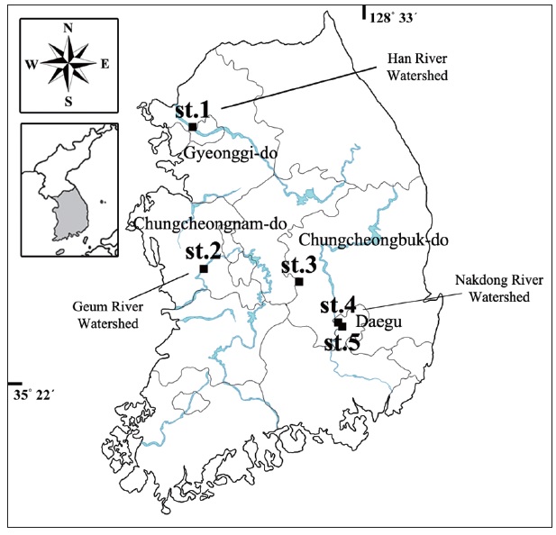 A map showing the sampling sites (st) for the filamentous blue-green algae from June 2014 to May 2015.