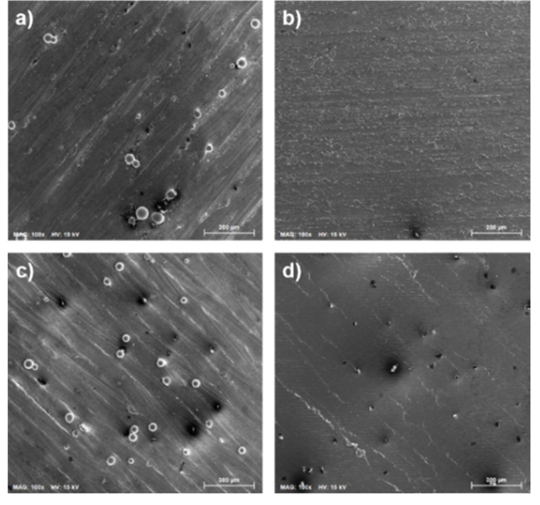 SEM images of the before (a and c) and after (b and d) UNSM treatment at room and high temperatures of Ti-6Al-4V alloy manufactured by SLM, respectively.