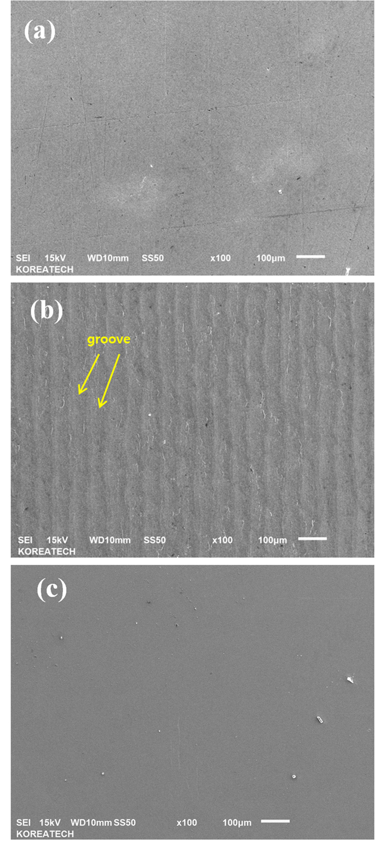 SEM image of the untreated (a), and UNSM-treated (b) and counter specimens (c).