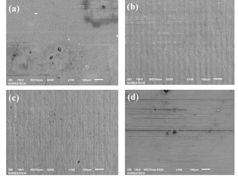 SEM images of the wear track: untreated (a), UNSM-treated after tribo test at 25 N/0.8 Hz (b) and 10 N/6 Hz (c), counter specimen (d).