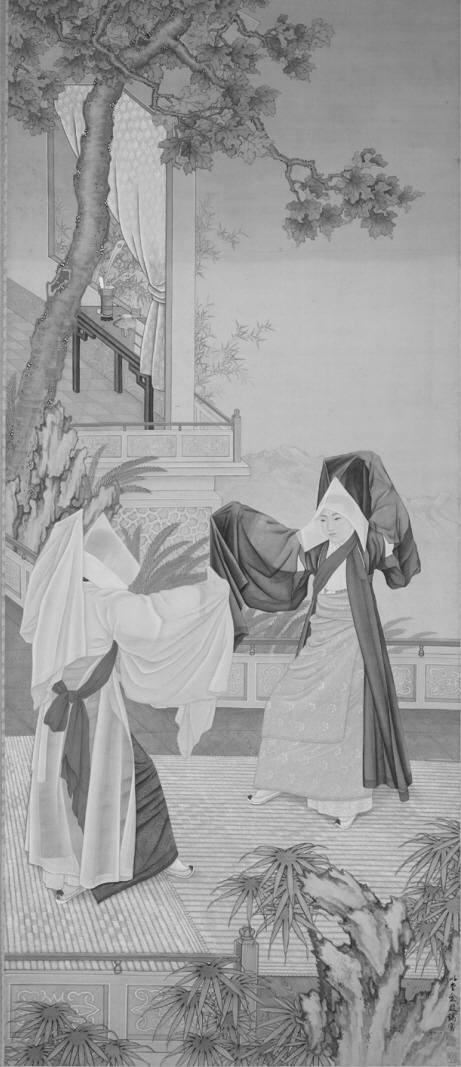 Kim Eunho (1892？1979), Folk Dancers Dressed as Buddhist Nuns, 1922, ink and color on silk, 271.8 x 114.9 cm., Samuel P. Harn Museum of Art, gift of General James A. Van Fleet (1988.1.28)