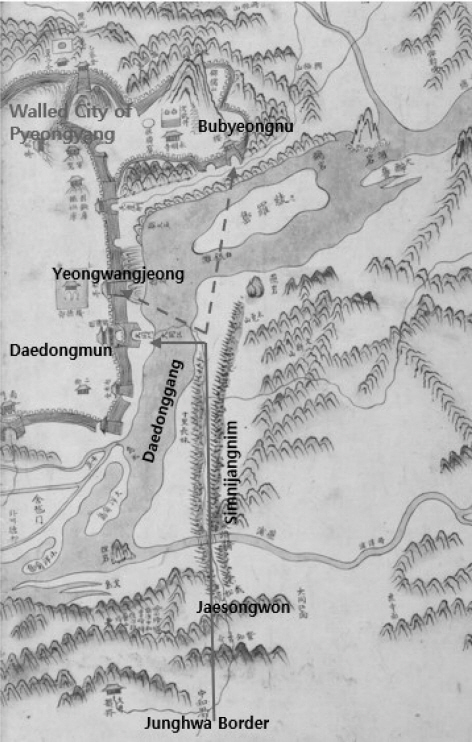 Hypothesized Travel Route to the Walled City of Pyeongyang and View from Crossing Point of Daedonggang River